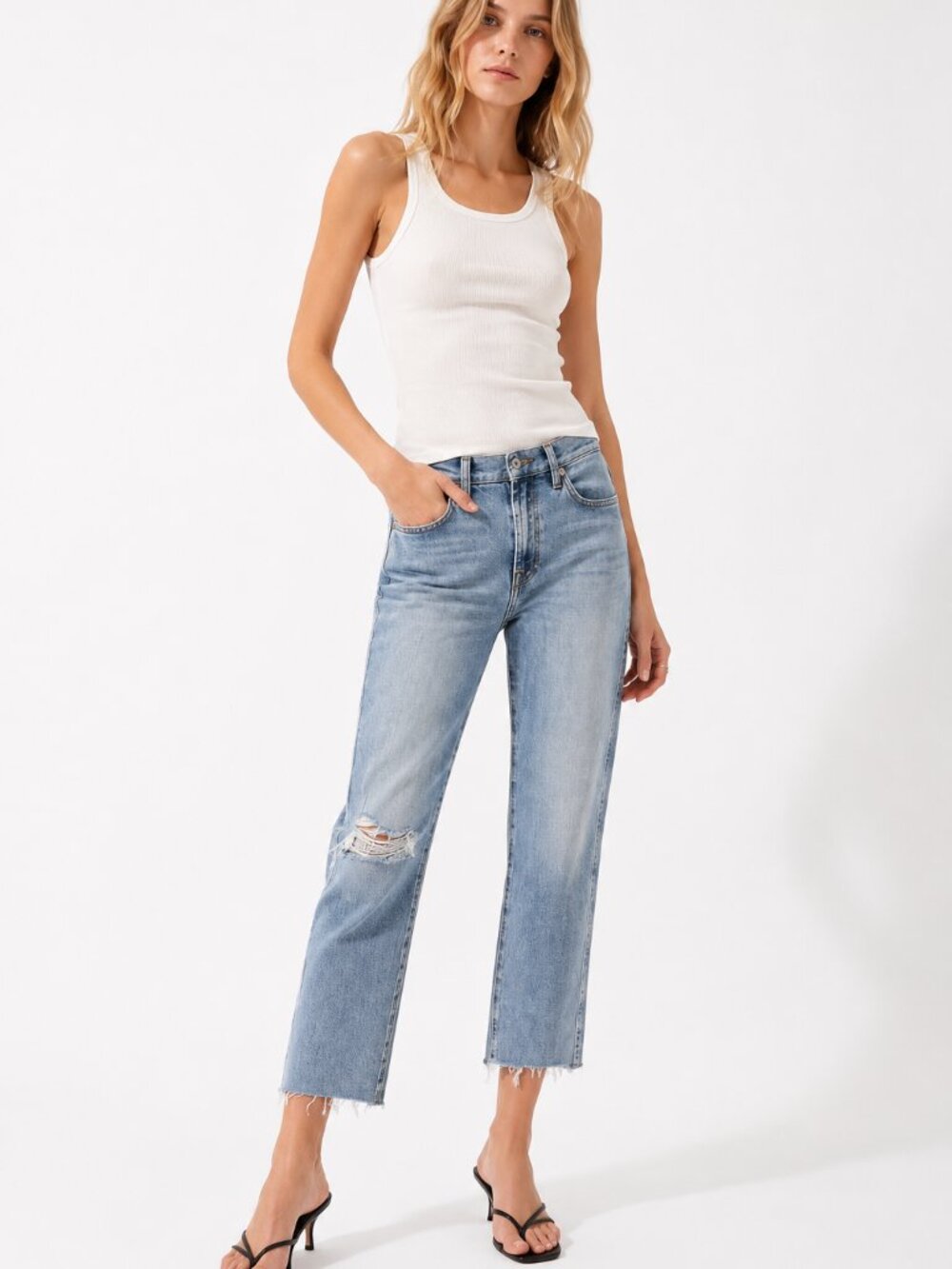 7 For All Mankind Luxe Vintage High Waist Cropped Straight Distressed Jeans 26